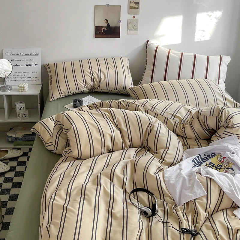 Cream & White Lines Striped Bedding Set – Cafe Inspired