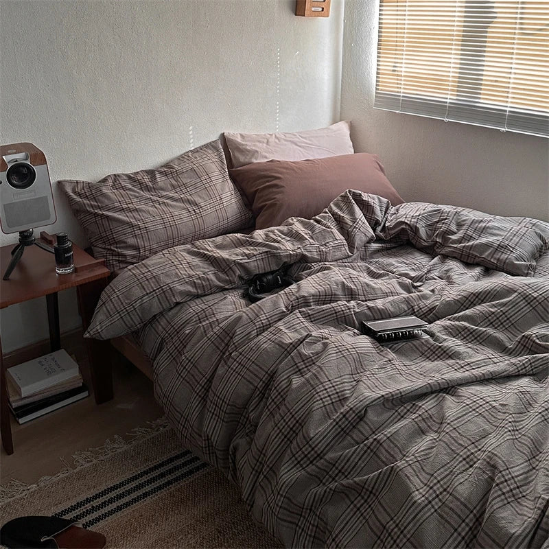 Vintage Brown Plaid Cotton Bedding Set