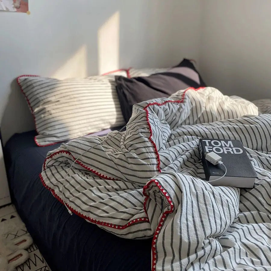 Striped Cotton Bedding Set / Black & White with Red Trim