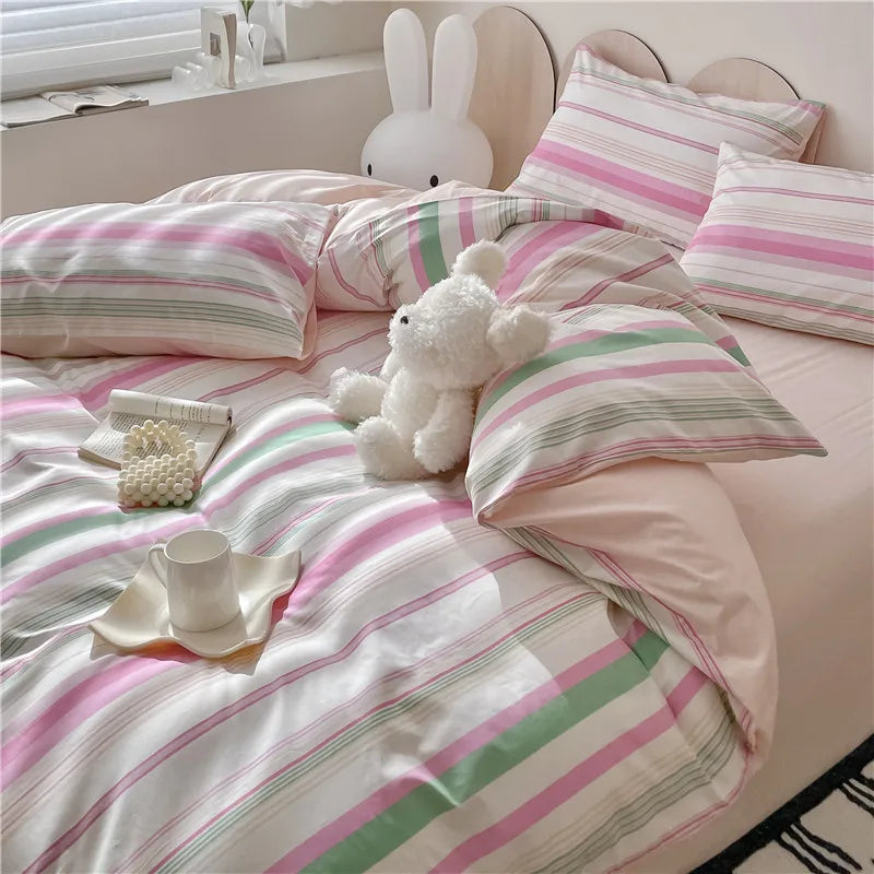 Playful Stripe Bedding Set / Blush Pink & Mint Green