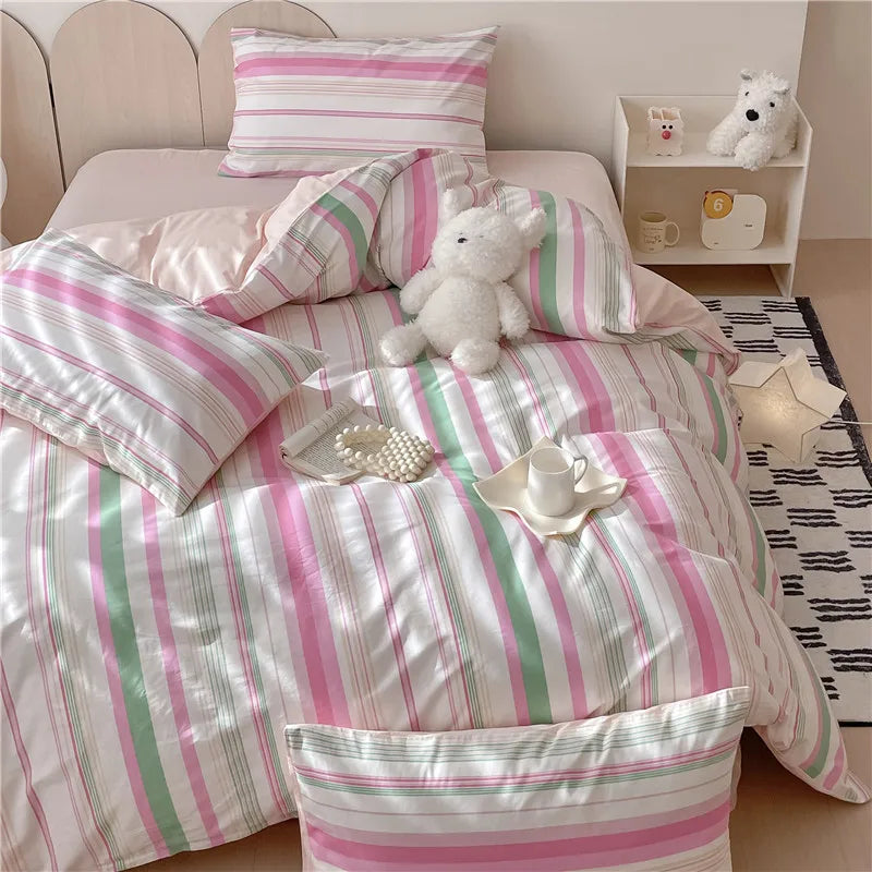 Playful Stripe Bedding Set / Blush Pink & Mint Green