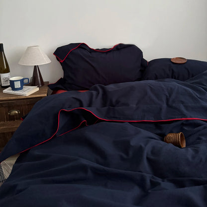 Navy Cotton Duvet Cover Set with Red Piping