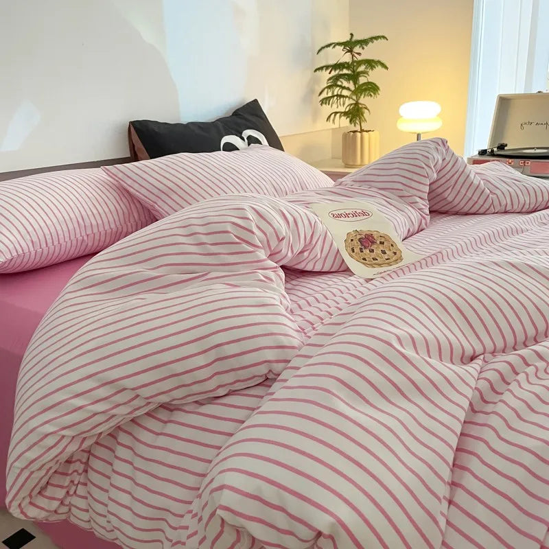 Calm Stripe Bedding Set / White & Pink