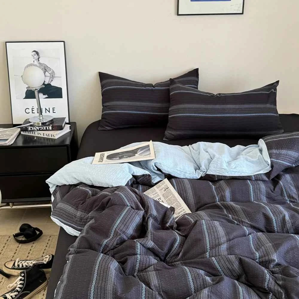 Charcoal & Blue Mixed Stripe Bedding Set