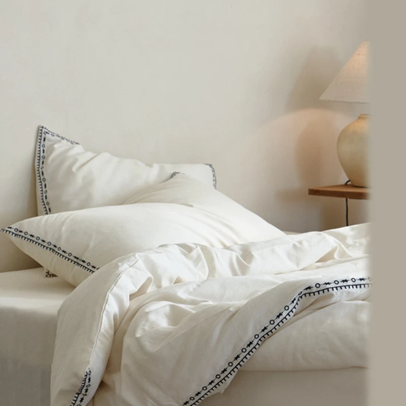 Soft ivory linen cotton duvet cover with delicate stitched border