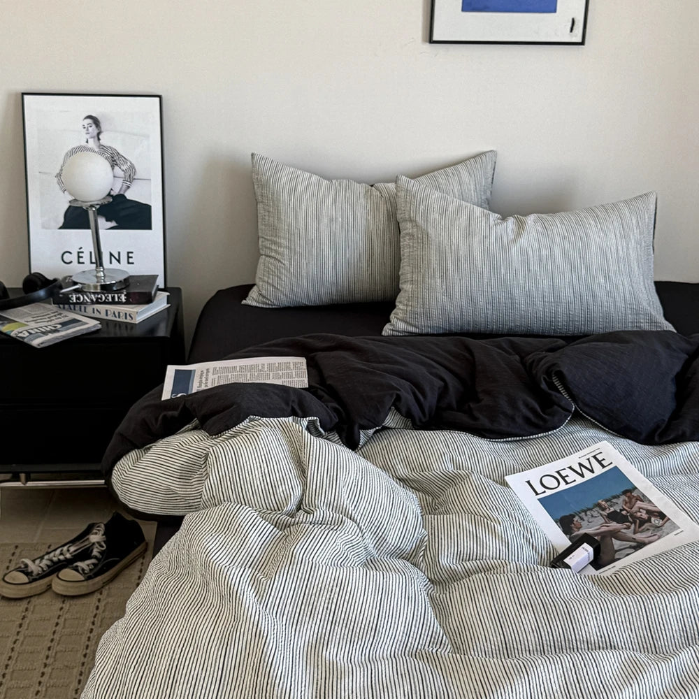 White & Black Thin Stripe Bedding Set