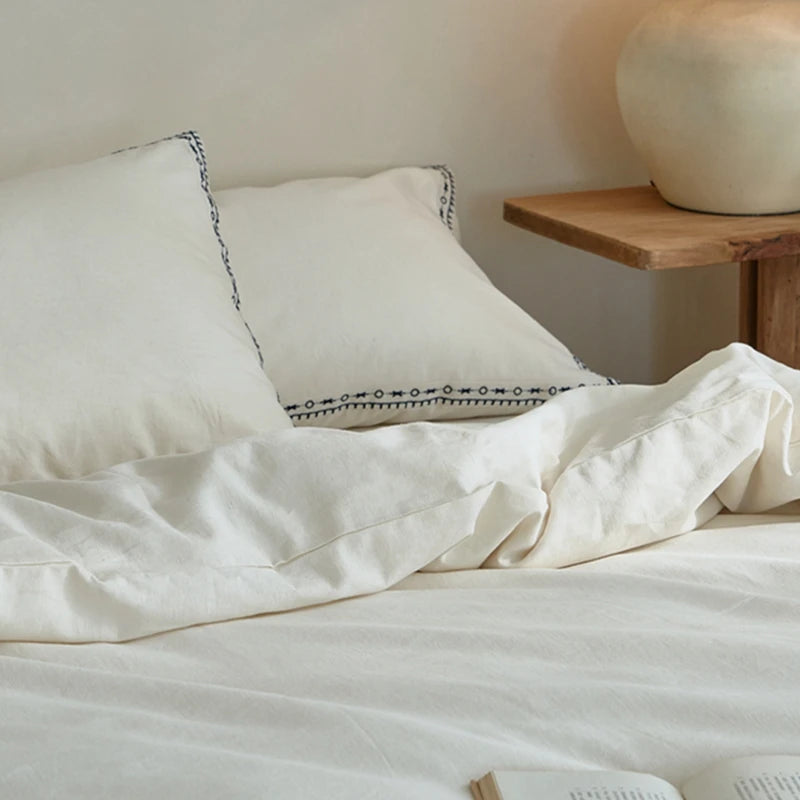 Ivory Linen Cotton Bedding Set with Embroidered Trim