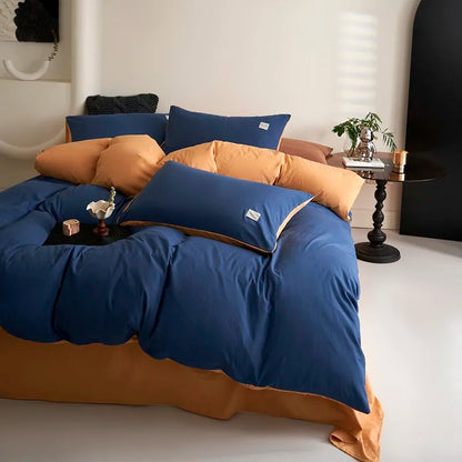 Modern Contrast Bedding Set / Deep Blue & Caramel