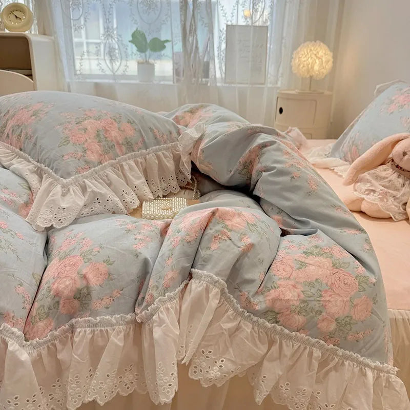 Romantic Lace Floral Bedding Set / Blue & Pink