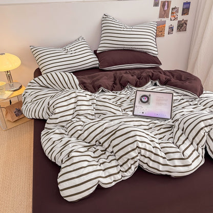 Olive green striped bedding set on white with deep brown solid sheet and reverse