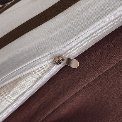 Olive green striped bedding set on white with deep brown solid sheet and reverse