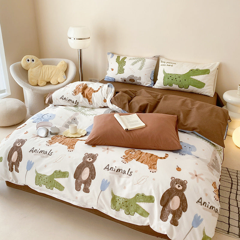 Menagerie Animal Print Cotton Bedding Set - duvet cover folded back to its solid brown reverse - WhisperLinens