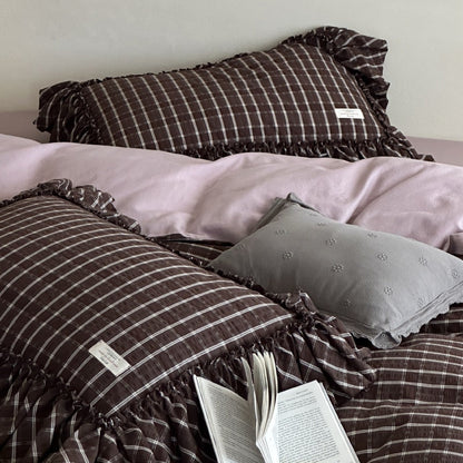 Ashvale Cocoa Windowpane Washed Cotton Bedding Set - WhisperLinens