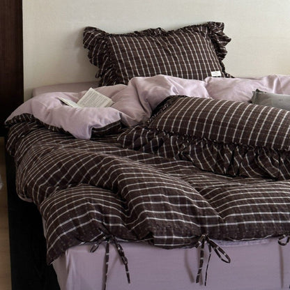 Ashvale Cocoa Windowpane Washed Cotton Bedding Set - WhisperLinens