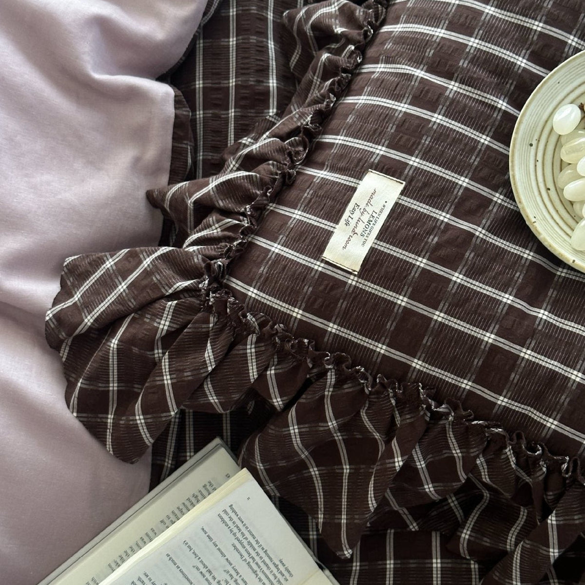 Ashvale Cocoa Windowpane Washed Cotton Bedding Set - WhisperLinens