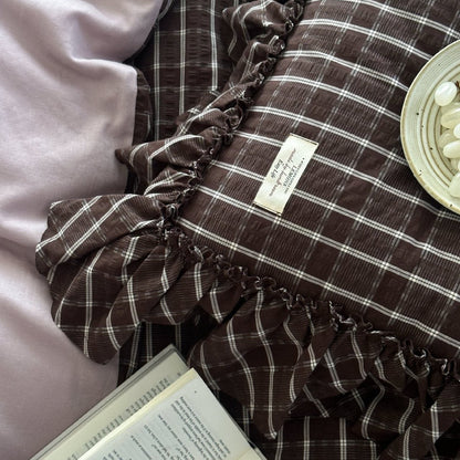 Ashvale Cocoa Windowpane Washed Cotton Bedding Set - WhisperLinens