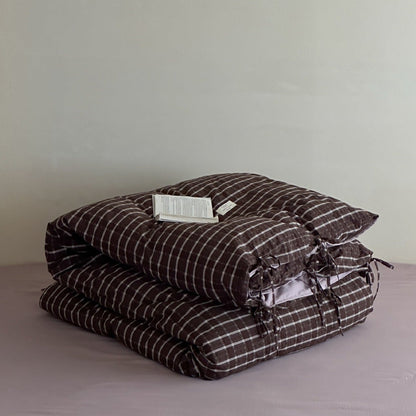 Ashvale Cocoa Windowpane Washed Cotton Bedding Set - WhisperLinens