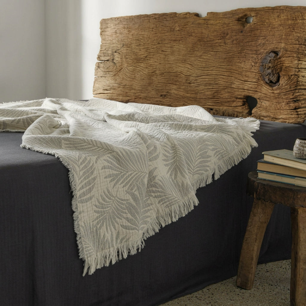 Palma Leaf Jacquard Fringed Throw Blanket - Gray - WhisperLinens