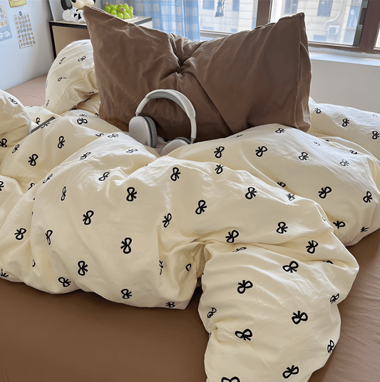 Beige Bow Cotton Bedding Set - WhisperLinens
