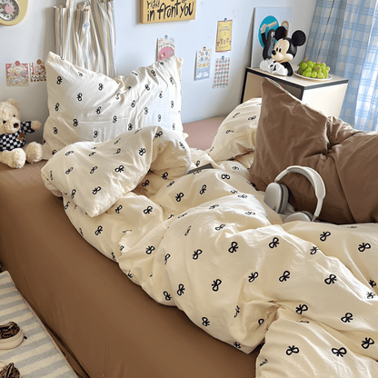 Beige Bow Cotton Bedding Set - WhisperLinens