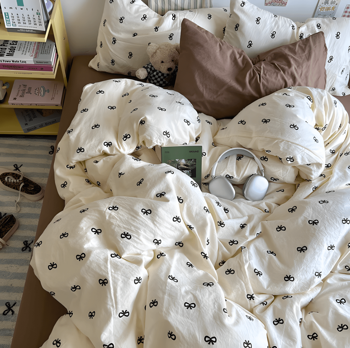 Beige Bow Cotton Bedding Set - WhisperLinens