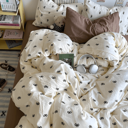 Beige Bow Cotton Bedding Set - WhisperLinens