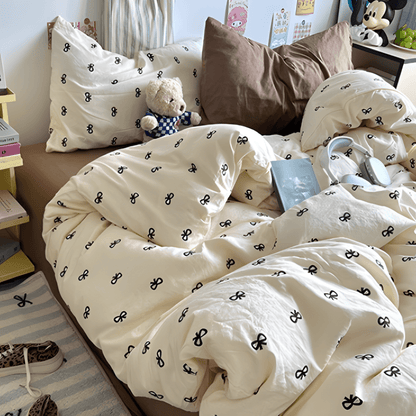 Beige Bow Cotton Bedding Set - WhisperLinens