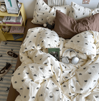 Beige Bow Cotton Bedding Set - WhisperLinens