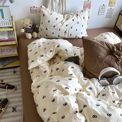 Beige Bow Cotton Bedding Set - WhisperLinens