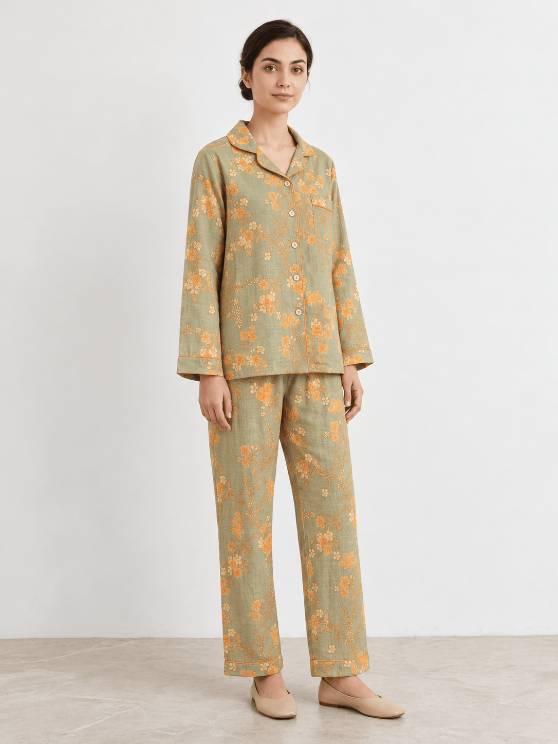 Celia Green Botanical Long-Sleeve Cotton Pajama Set - WhisperLinens
