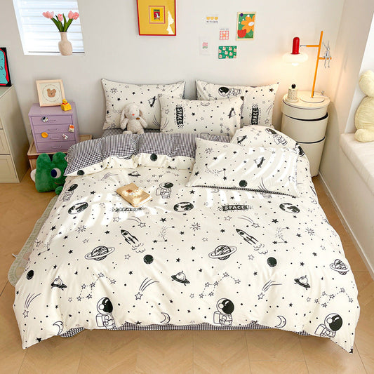 Orbit Space Print Reversible Cotton Bedding Set - Black & White - WhisperLinens