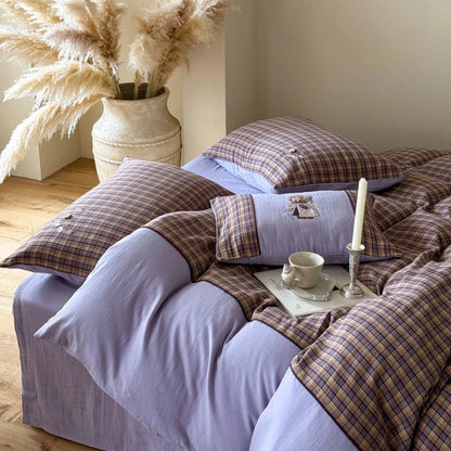 Lavender Bloom Plaid Cotton Bedding Set with Embroidery