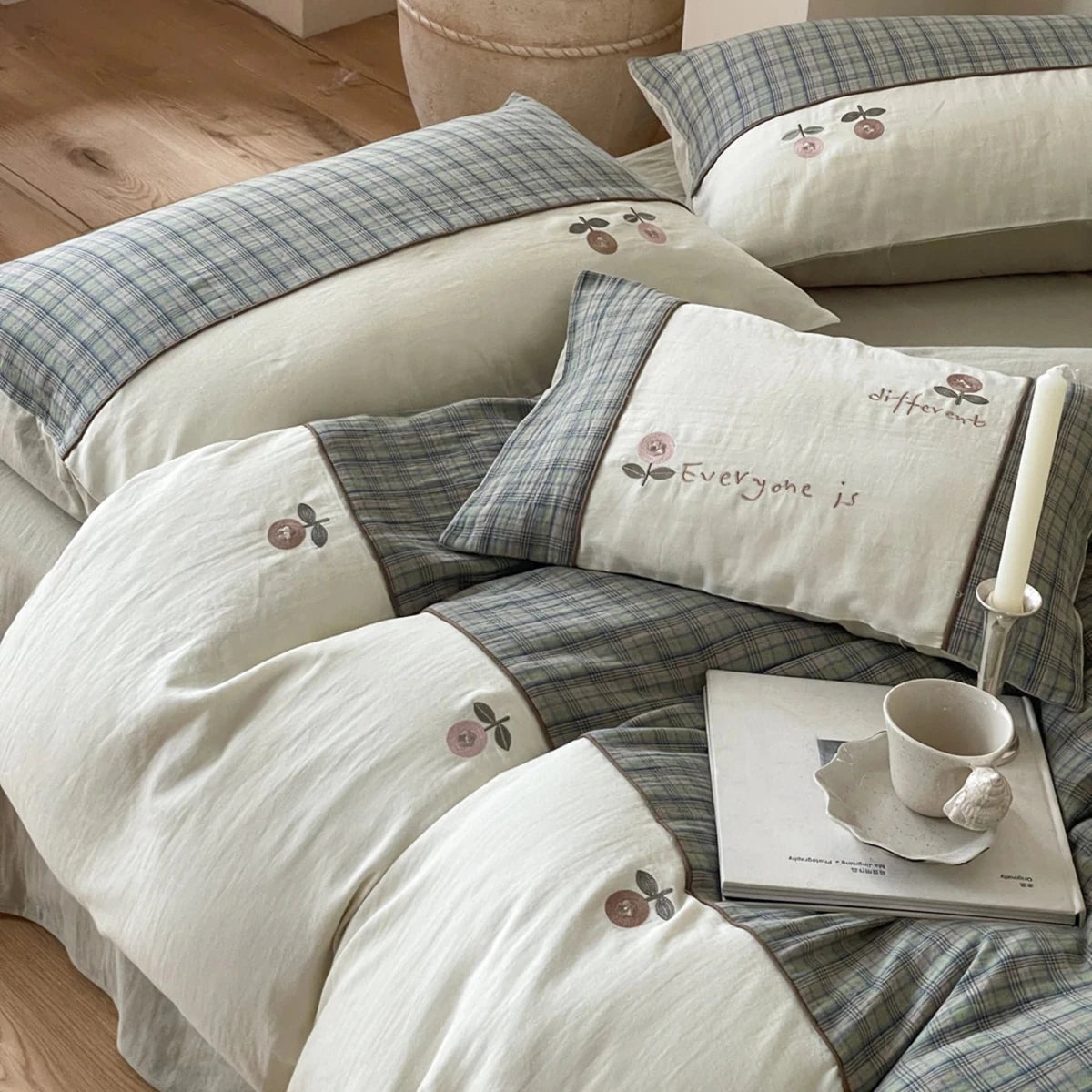 Sage Orchard Plaid Cotton Bedding Set with Embroidery