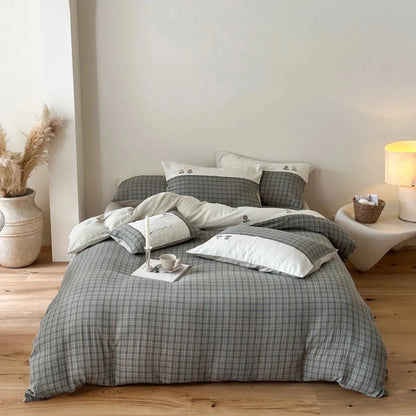 Sage Orchard Plaid Cotton Bedding Set with Embroidery