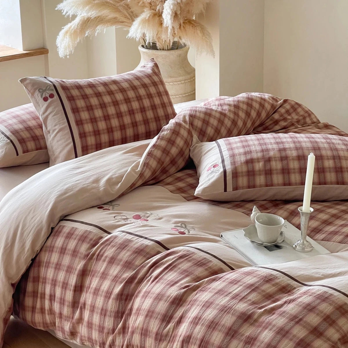 Dusty Rose Cherry Plaid Cotton Bedding Set with Embroidery