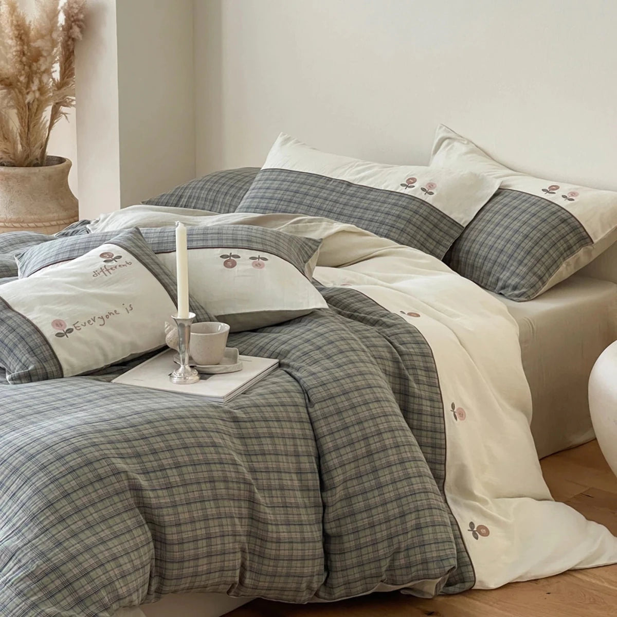 Sage Orchard Plaid Cotton Bedding Set with Embroidery