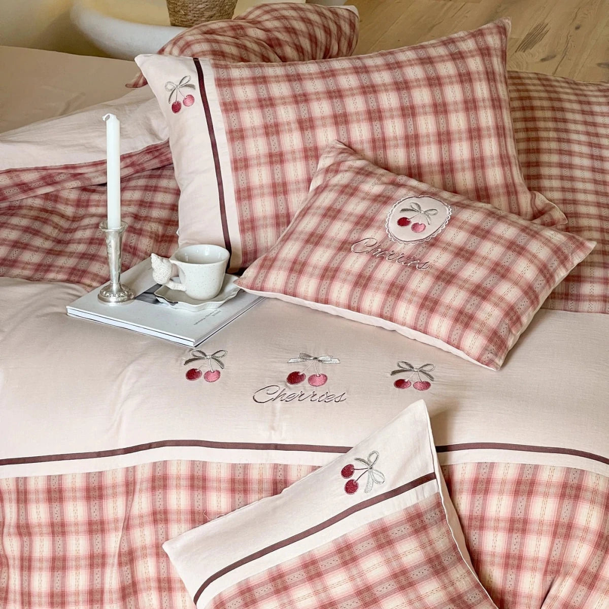 Dusty Rose Cherry Plaid Cotton Bedding Set with Embroidery