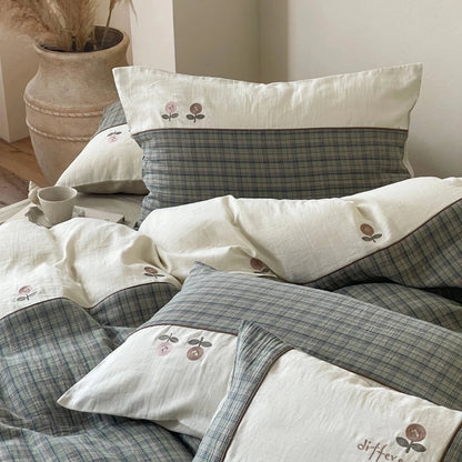 Sage Orchard Plaid Cotton Bedding Set with Embroidery