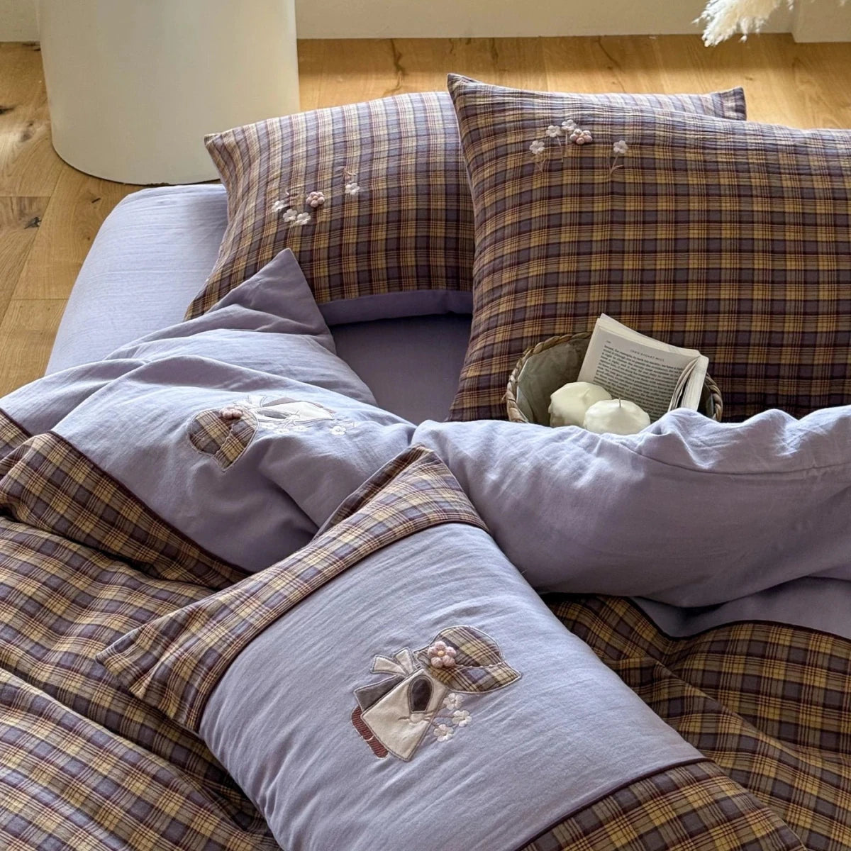Lavender Bloom Plaid Cotton Bedding Set with Embroidery