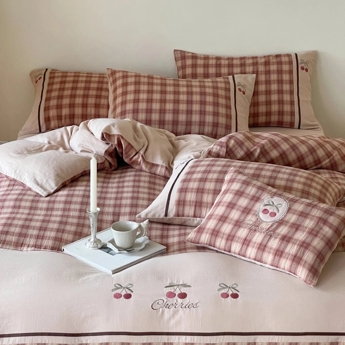 Dusty Rose Cherry Plaid Cotton Bedding Set with Embroidery
