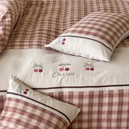 Dusty Rose Cherry Plaid Cotton Bedding Set with Embroidery