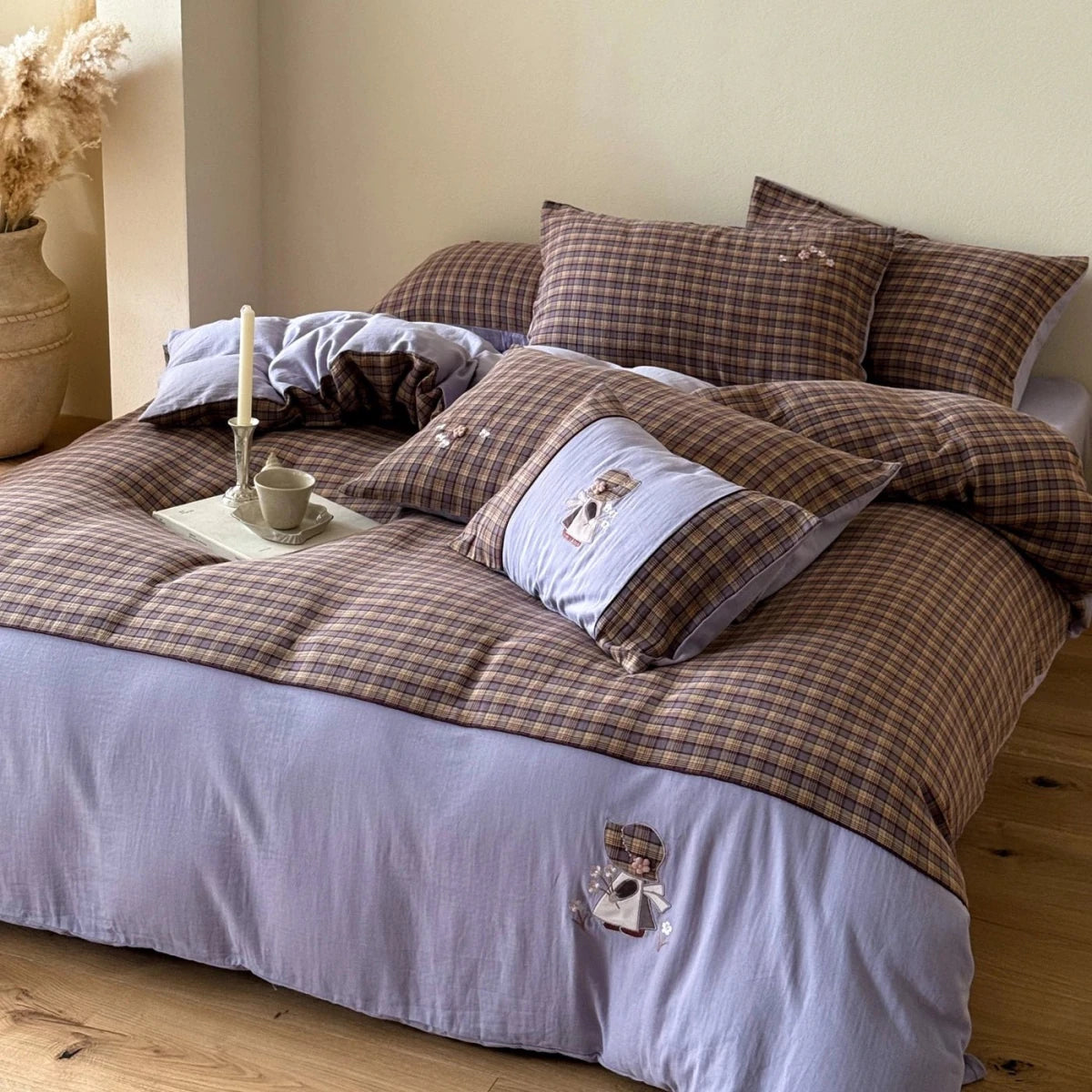 Lavender Bloom Plaid Cotton Bedding Set with Embroidery