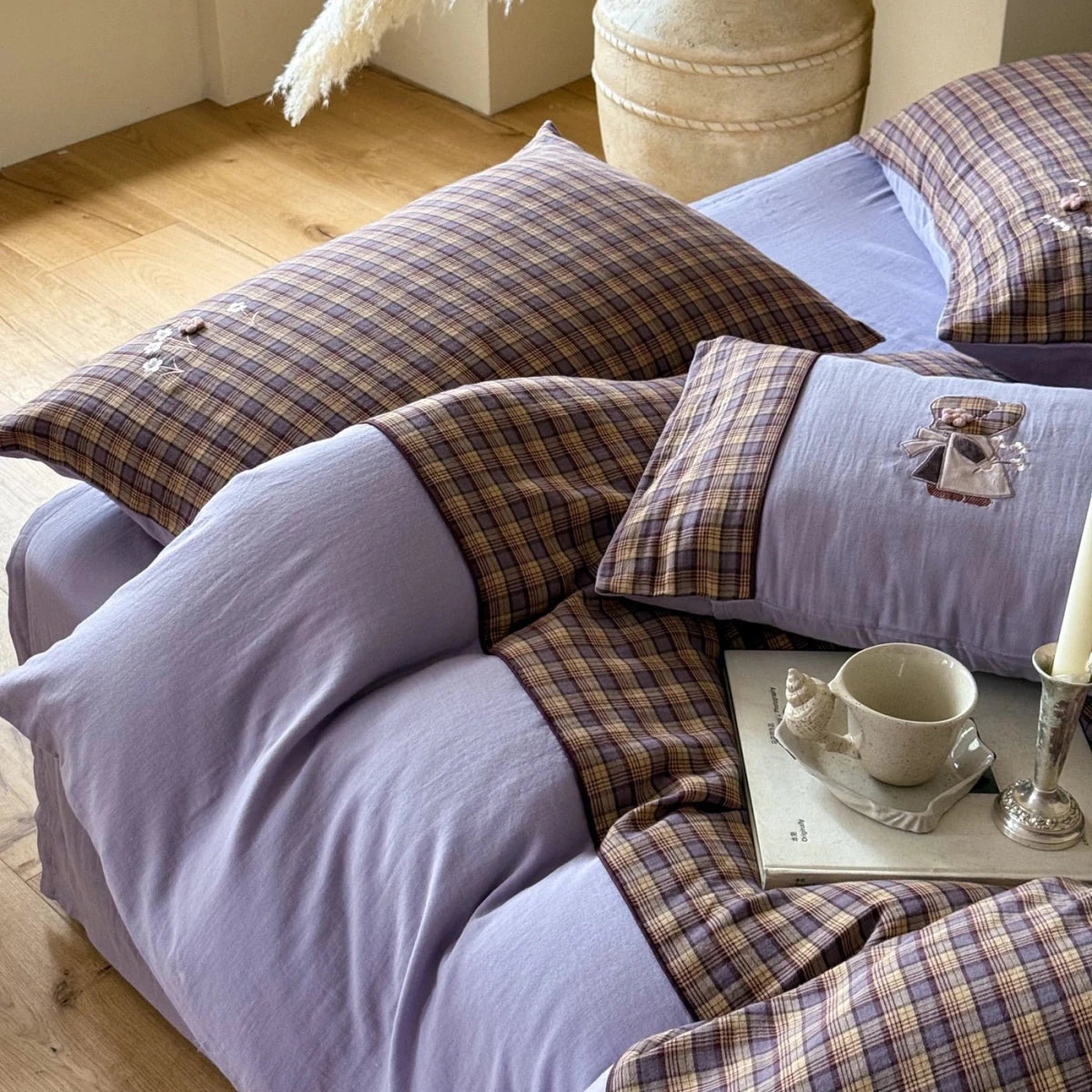 Lavender Bloom Plaid Cotton Bedding Set with Embroidery