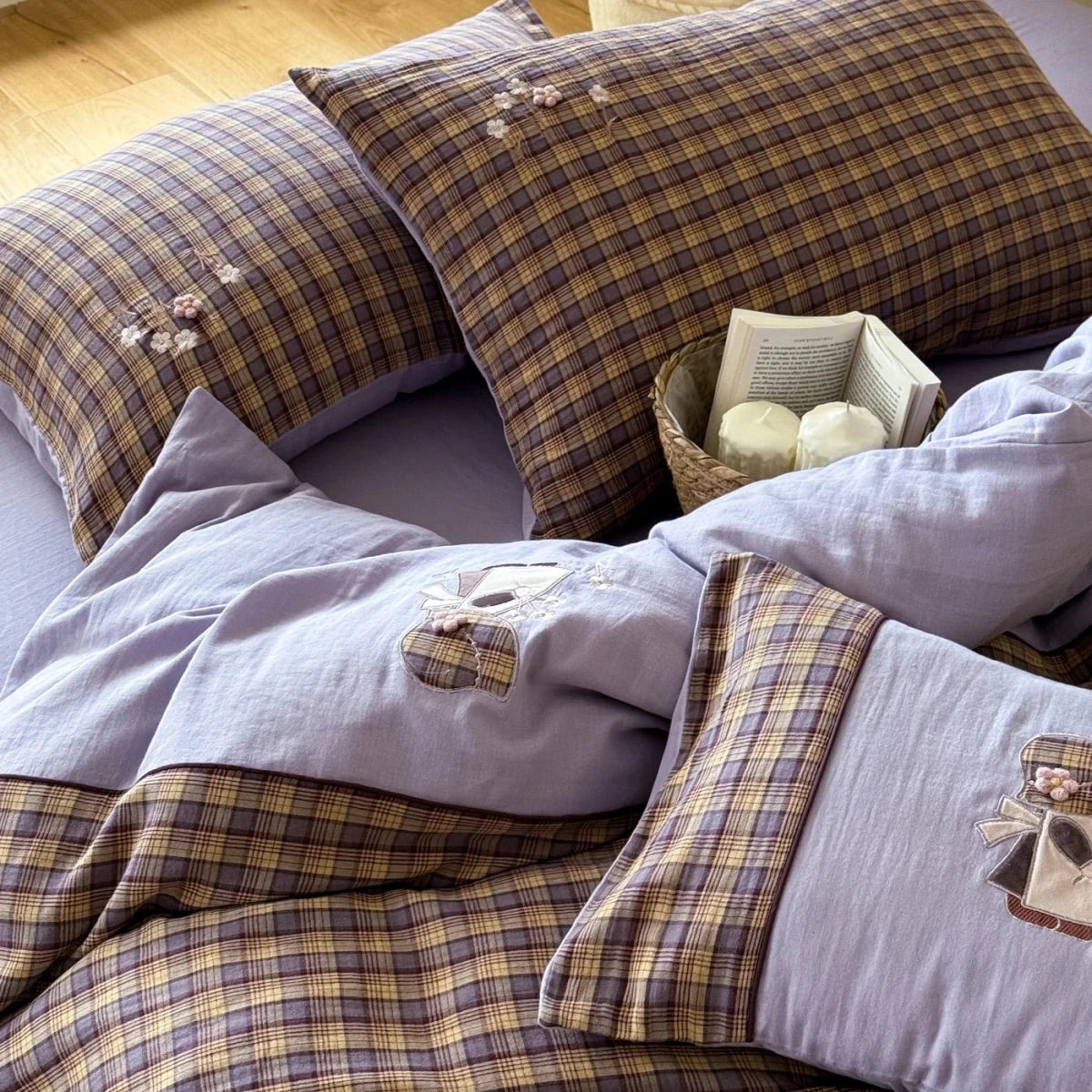Lavender Bloom Plaid Cotton Bedding Set with Embroidery