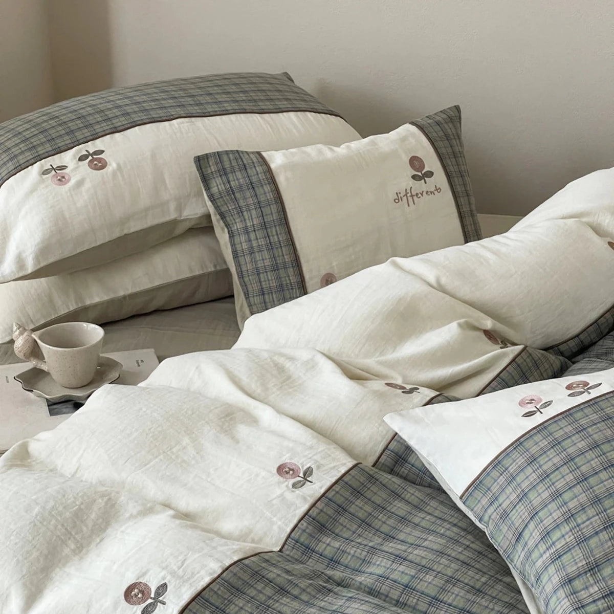 Sage Orchard Plaid Cotton Bedding Set with Embroidery