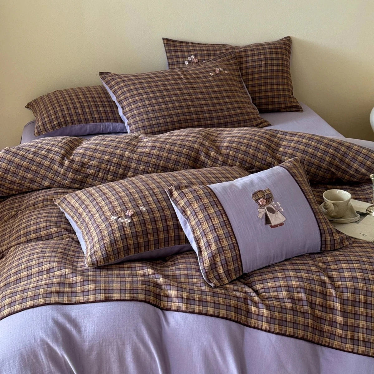 Lavender Bloom Plaid Cotton Bedding Set with Embroidery