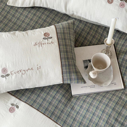 Sage Orchard Plaid Cotton Bedding Set with Embroidery