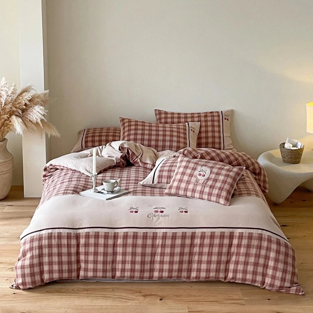 Dusty Rose Cherry Plaid Cotton Bedding Set with Embroidery
