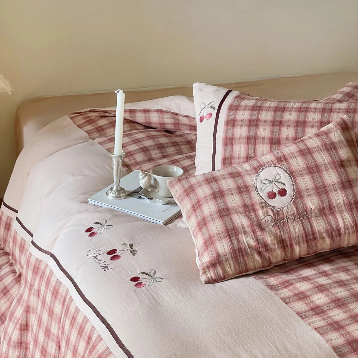 Dusty Rose Cherry Plaid Cotton Bedding Set with Embroidery
