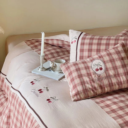Dusty Rose Cherry Plaid Cotton Bedding Set with Embroidery